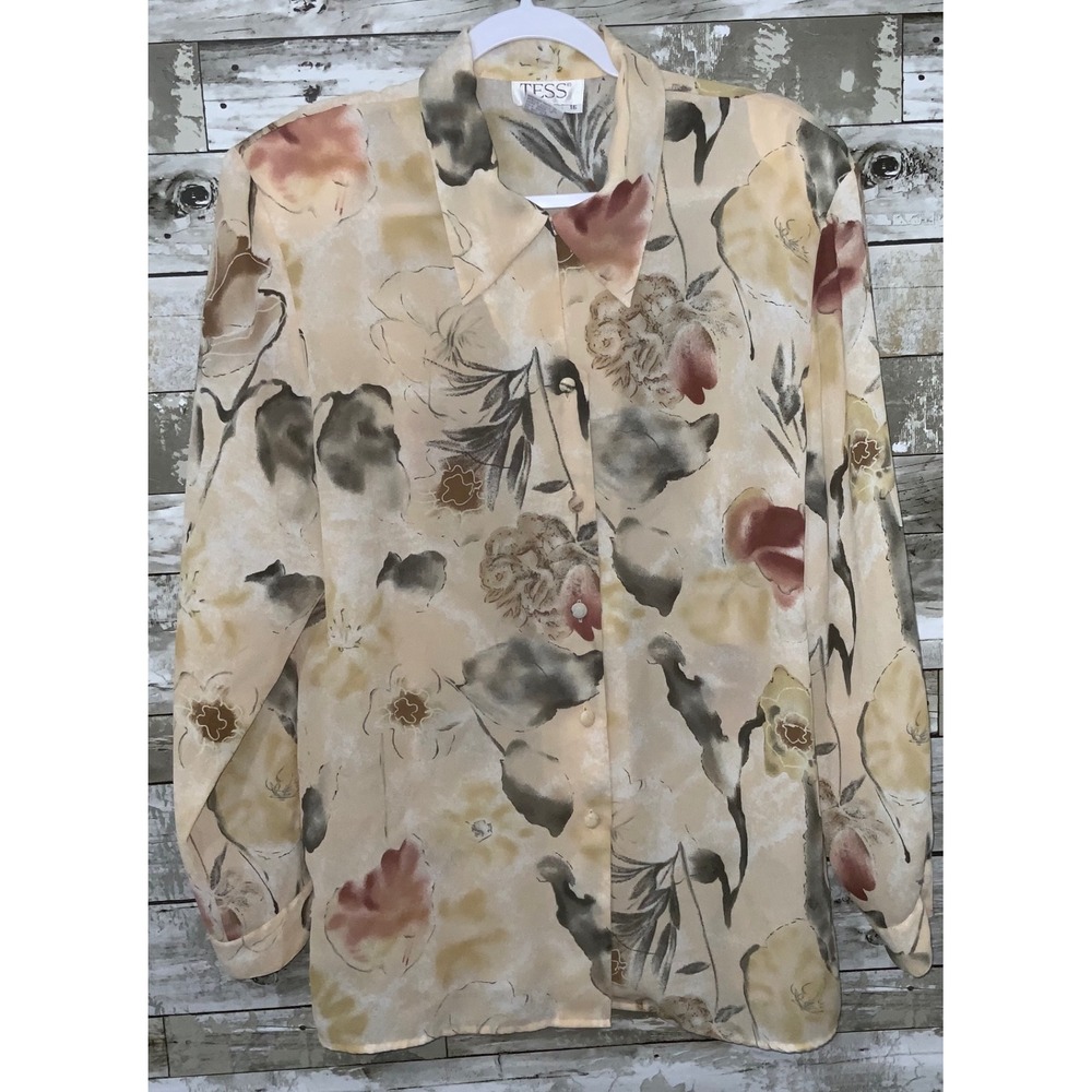 Vintage Tess Brown Floral Button Front Blouse Polyester Shoulder‎ Pads Size 16